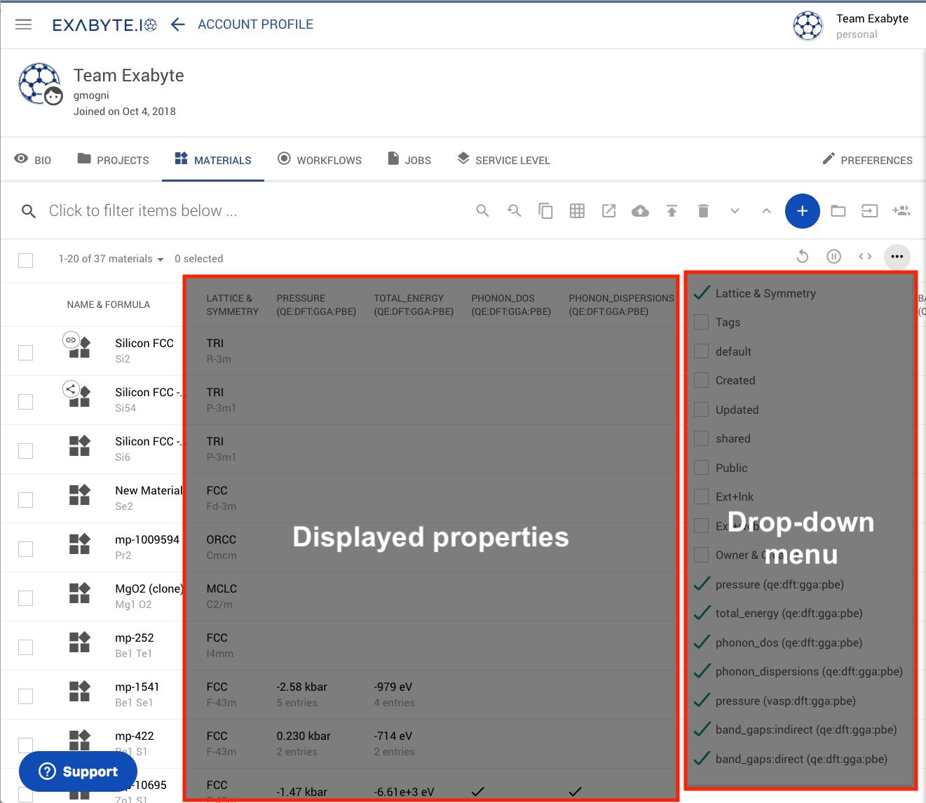 Materials Explorer Interface Materials Explorer Interface